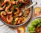Grilled prawns, red rice, boozy baked peaches: Thomasina Miers’ Spanish-style summer lunch recipes | Sunday Best