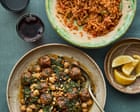 Sami Tamimi’s recipes for lamb meatballs with spinach and chickpea stew, and red rice
