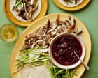 Georgina Hayden’s quick and easy recipe for spiced sticky chicken with plums and pancakes