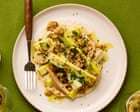 Jackson Boxer’s vegan recipe for poached leeks with pickled pear and hazelnuts
